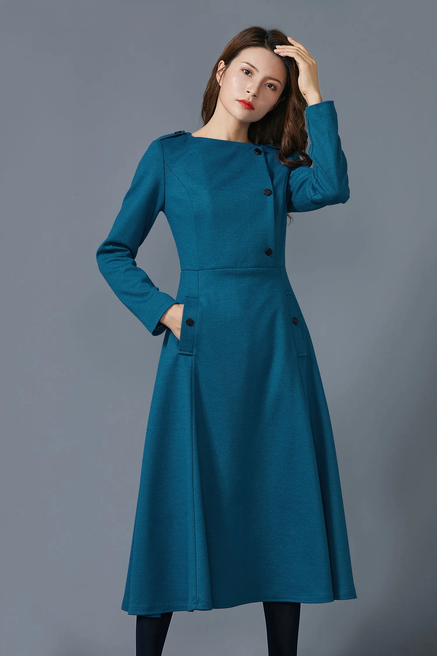 Blue wool dress with pockets warm handmade dress C1612-US14 #yy01934