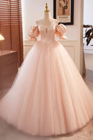 Blushing Pink Off the Shoulder Puffy Short Sleeve Backless Floor-Length Party Dresses with Corset