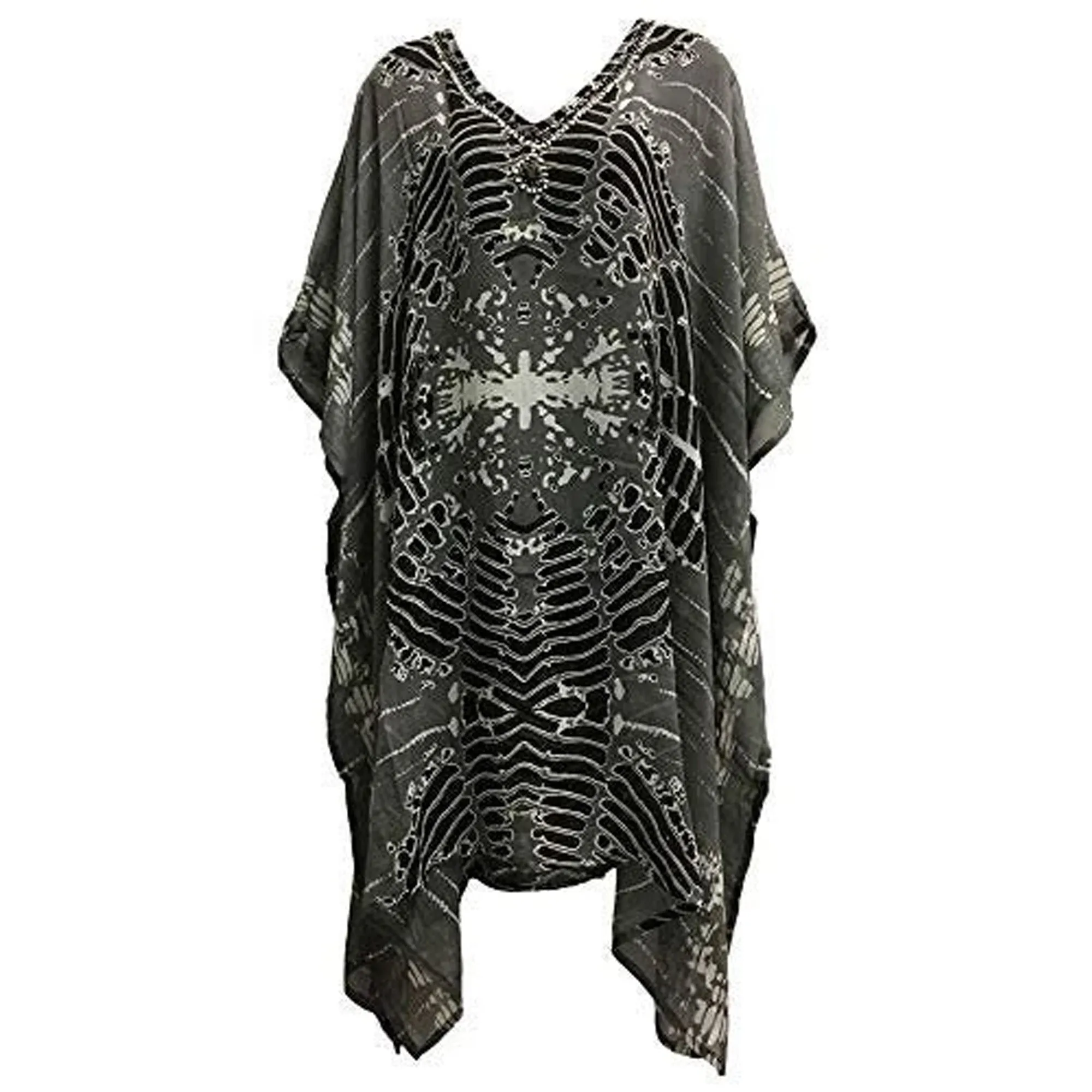 Boho Printed Silver Gray Black Sequin Cover Up Caftan Poncho Ethnic beach wear Long Tunic Dress Plus size Women's Bohemian dress #5