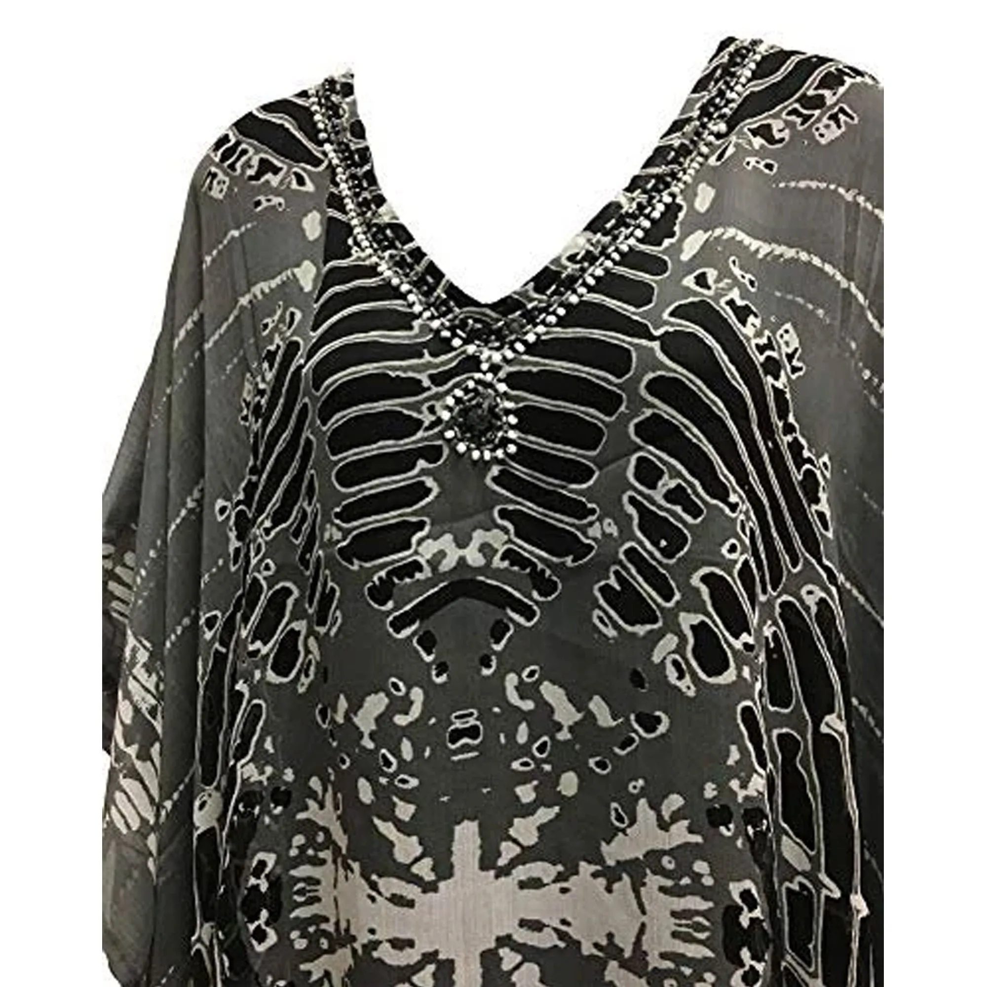 Boho Printed Silver Gray Black Sequin Cover Up Caftan Poncho Ethnic beach wear Long Tunic Dress Plus size Women's Bohemian dress #5