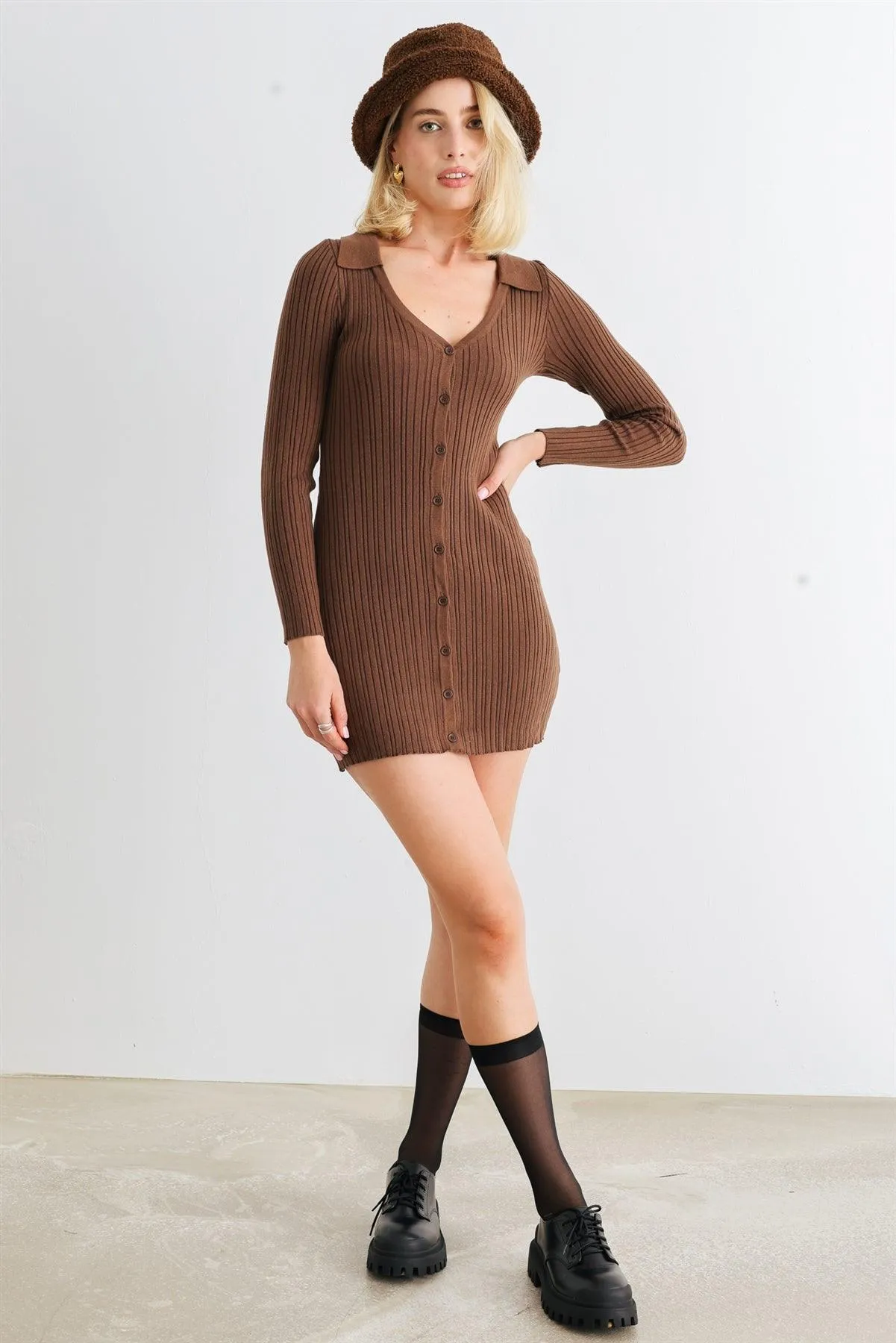 Brown Ribbed Collared Neck Long Sleeve Button-Up Mini Dress