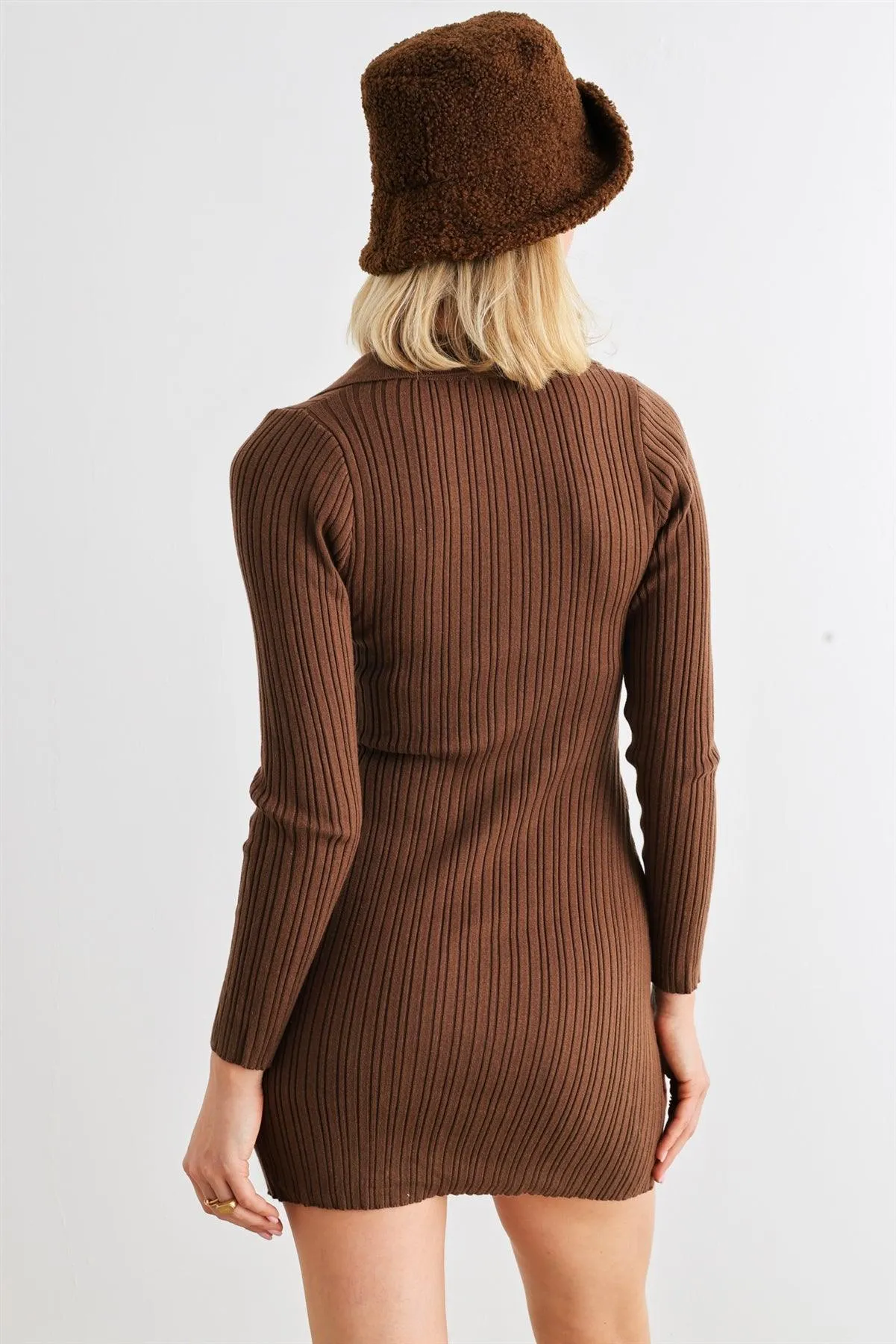 Brown Ribbed Collared Neck Long Sleeve Button-Up Mini Dress