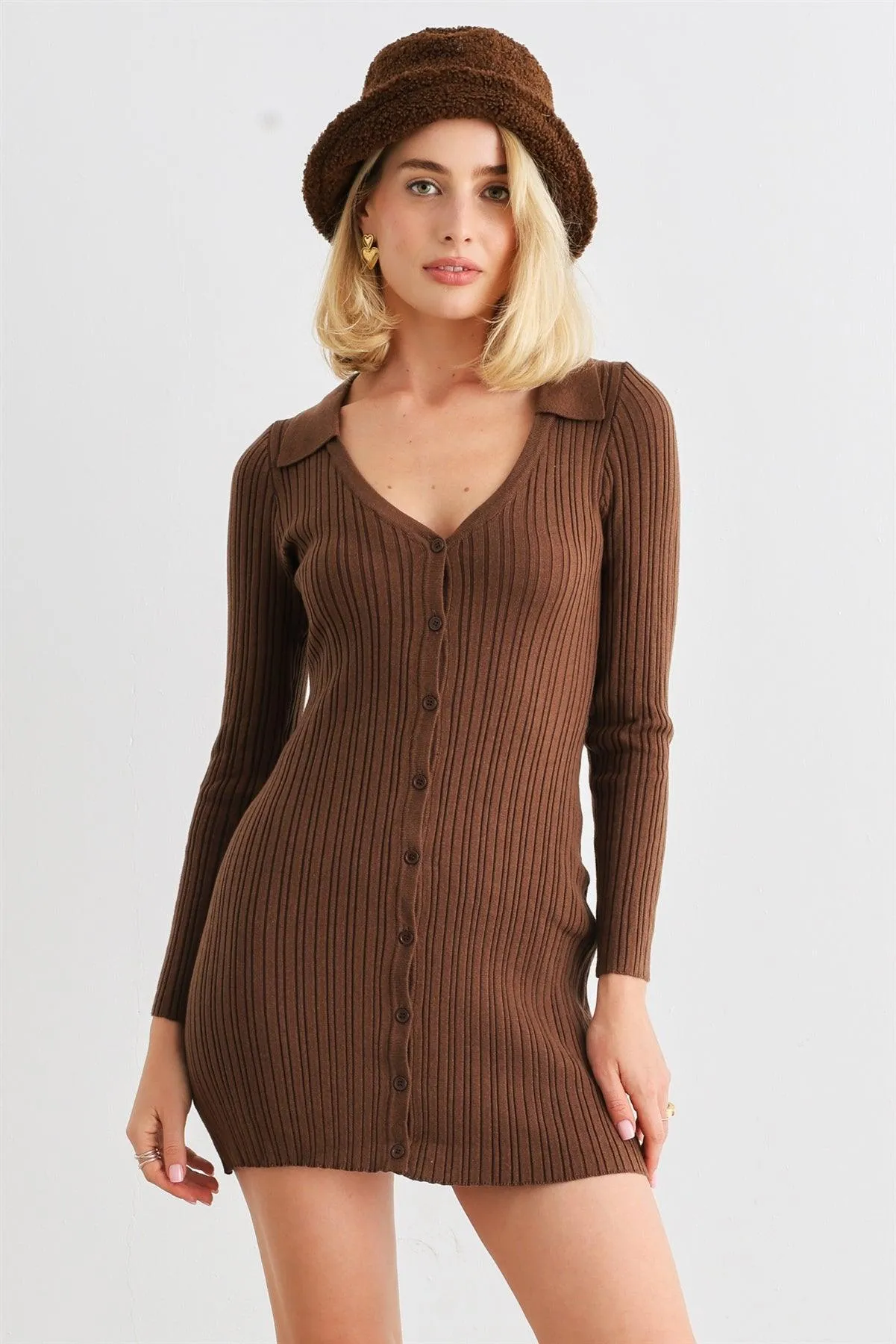 Brown Ribbed Collared Neck Long Sleeve Button-Up Mini Dress