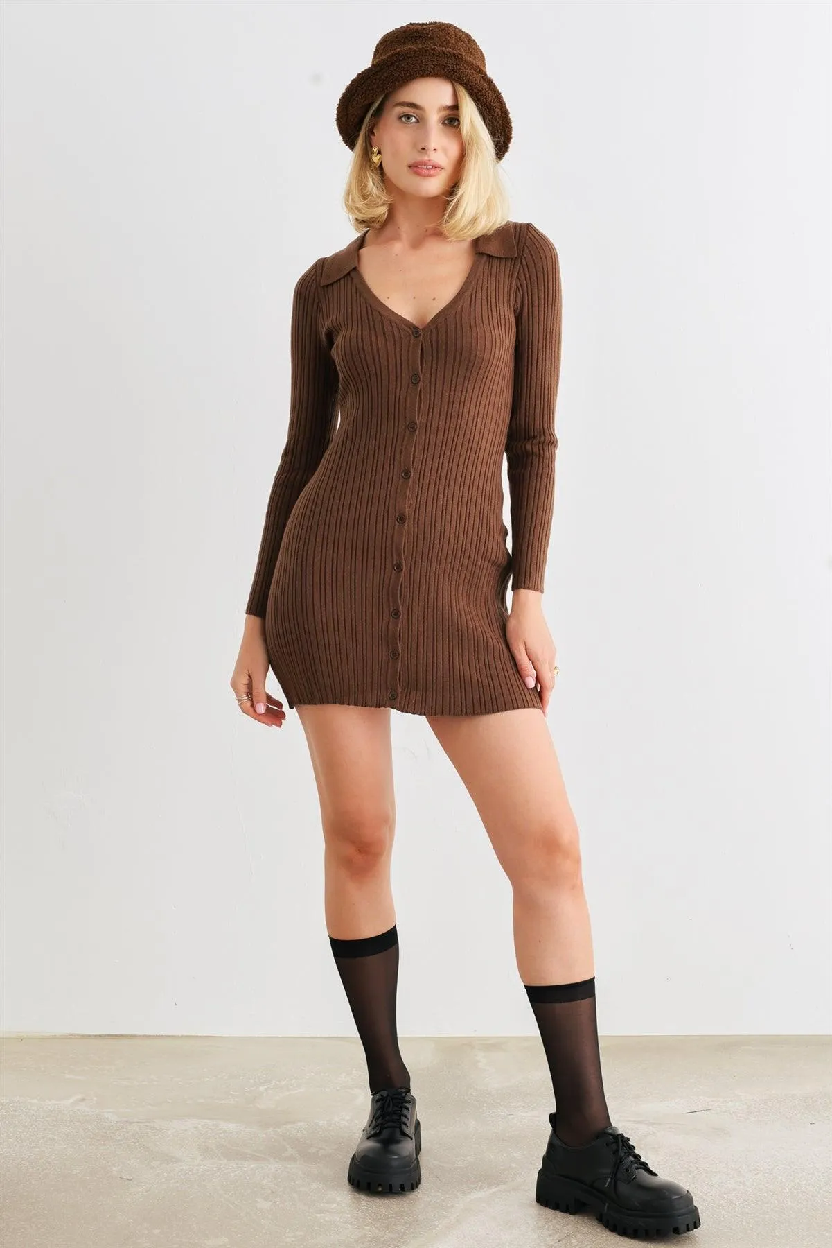 Brown Ribbed Collared Neck Long Sleeve Button-Up Mini Dress