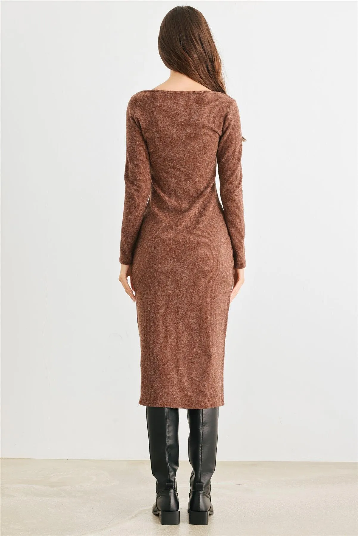 Brown Ribbed Knit Button Neck Slim Fit Midi Dress /2-2-3