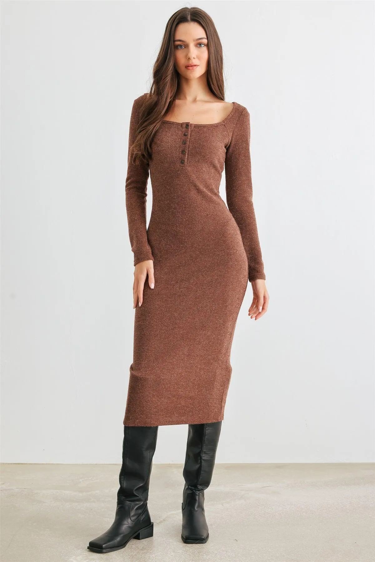 Brown Ribbed Knit Button Neck Slim Fit Midi Dress /2-2-3