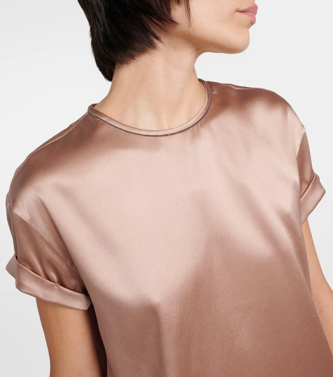 Brunello Cucinelli silk satin T-shirt, neutral