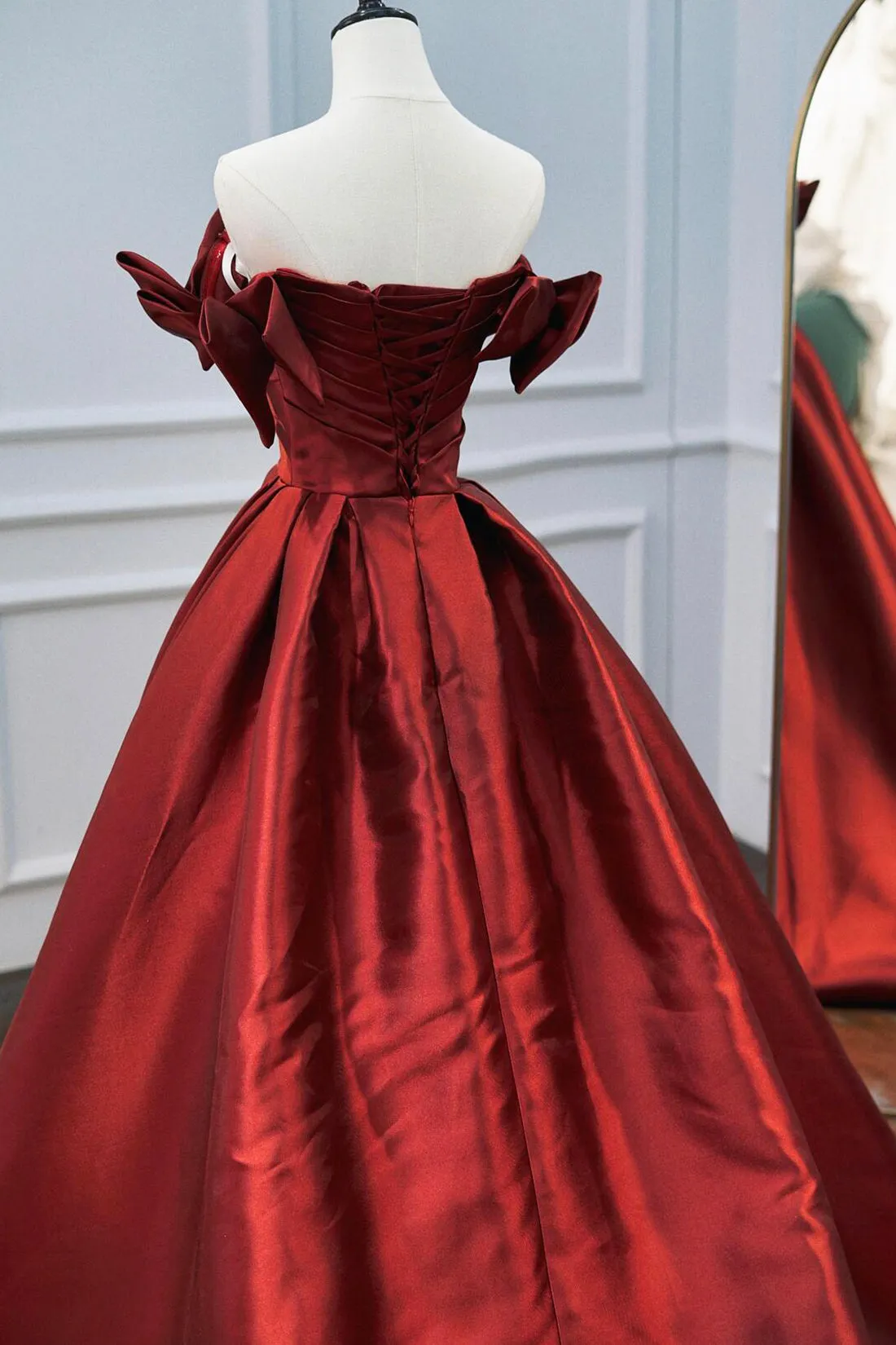 Burgundy Satin Floor Length Prom Dress, Burgundy A-Line Evening Party Dress with Bow