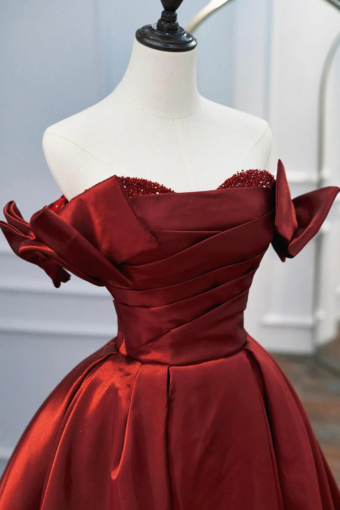 Burgundy Satin Floor Length Prom Dress, Burgundy A-Line Evening Party Dress with Bow