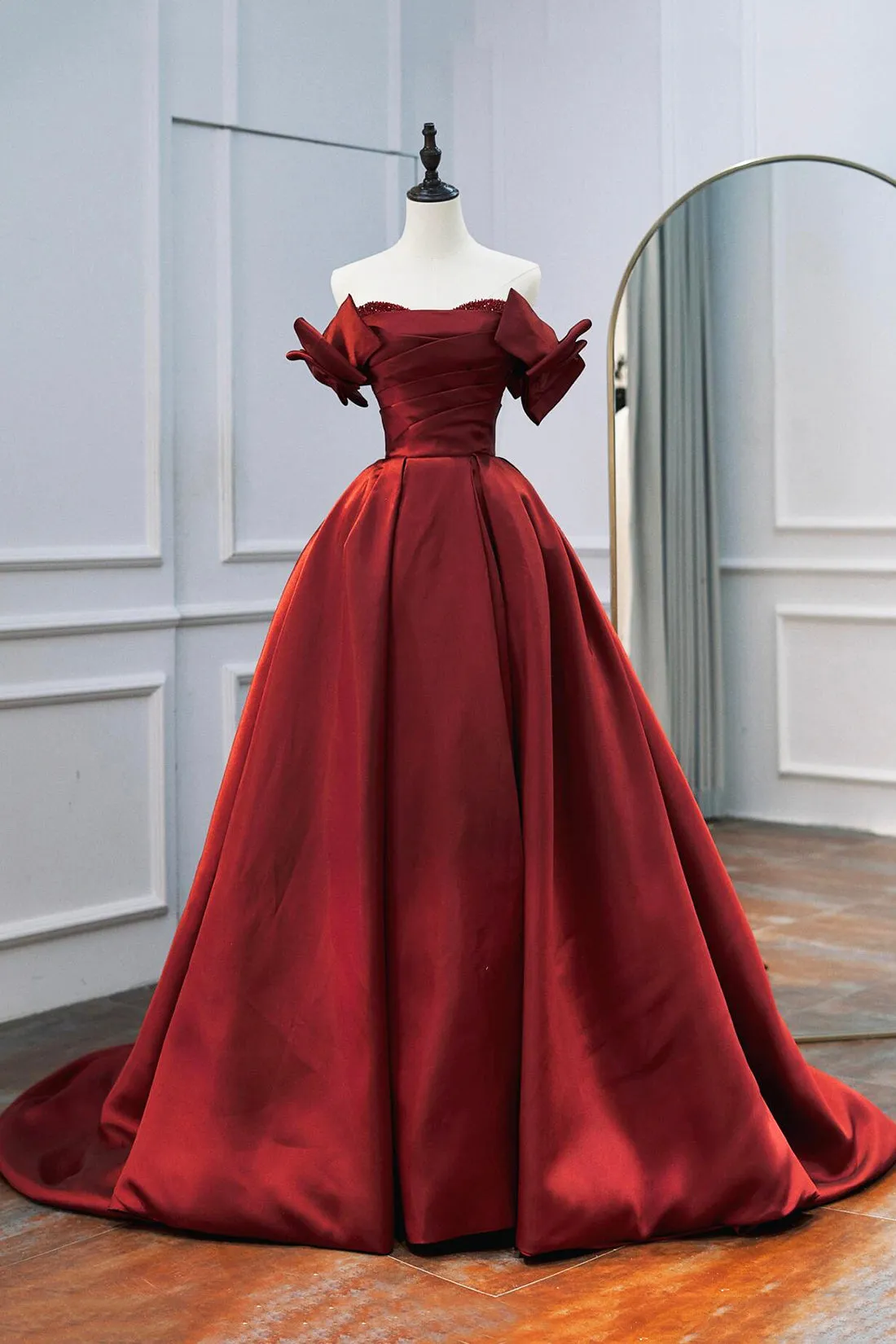 Burgundy Satin Floor Length Prom Dress, Burgundy A-Line Evening Party Dress with Bow