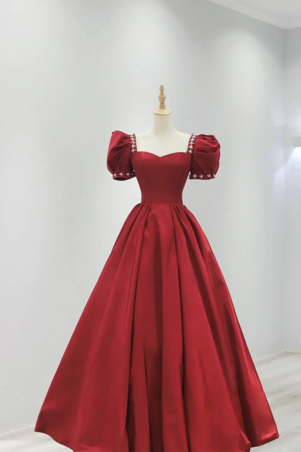 Burgundy Satin Long Prom Dress, A-Line Short Sleeve Evening Dress