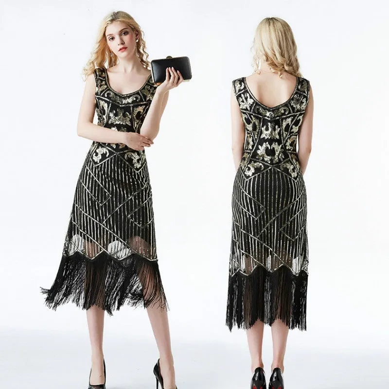 Calf-Length 1920s Dress with Tassels