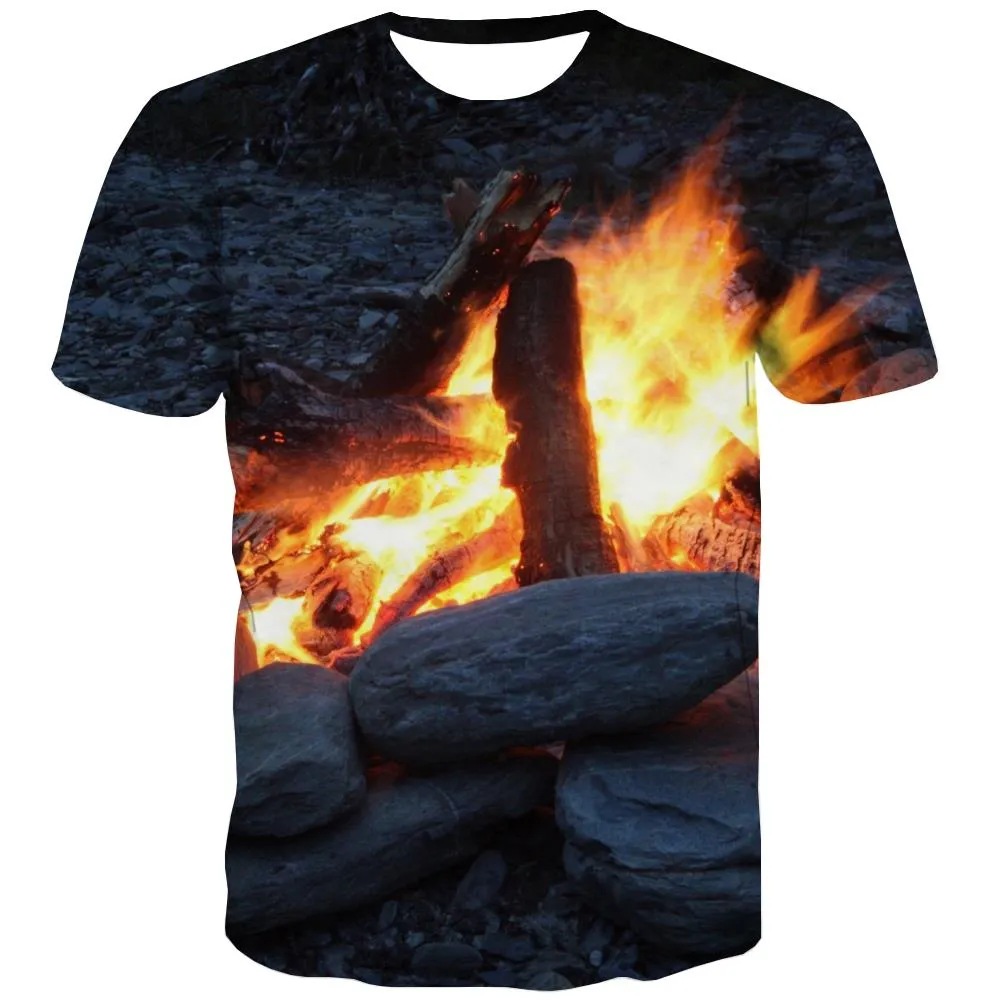 Camping T-shirt Men Sunset Tshirts Casual Forest T shirts Funny Flame Shirt Print