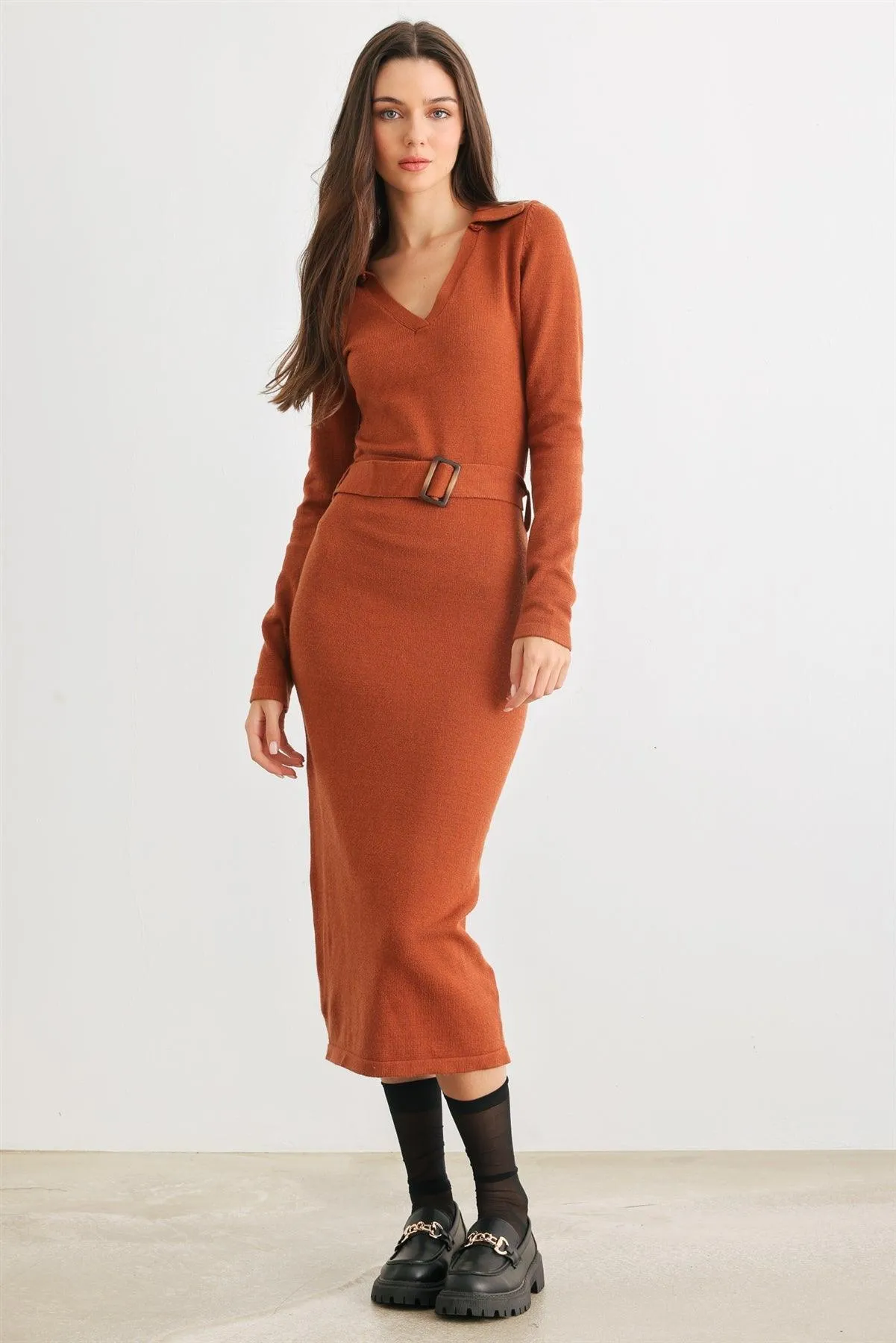 Caramel Knit Collared Neck Belted Midi Dress /3-3