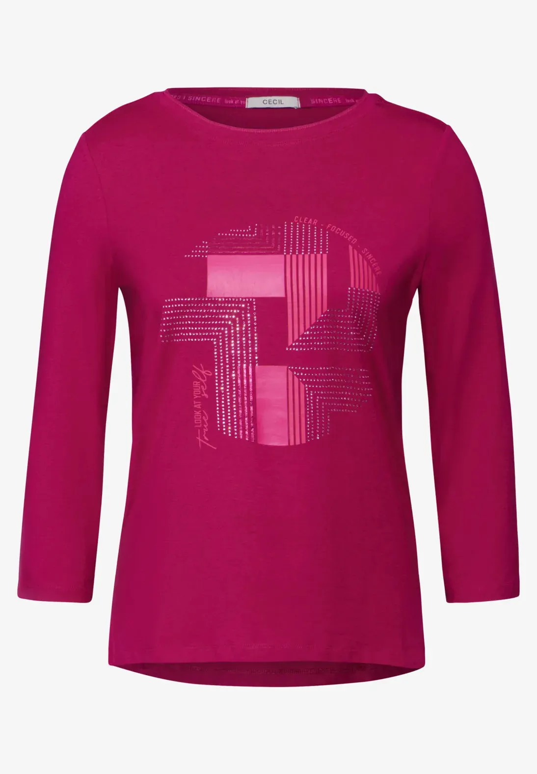 Cecil 3/4 sleeve Cotton T Shirt with Rhinestone Print. Pink Or Navy 322086