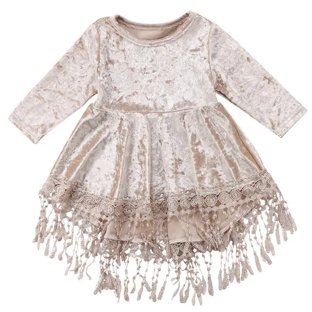 Champagne Velvet Tassel Dress, Size  6M-5Yrs