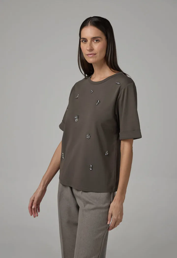 Choice Crystal Embellished Solid T-Shirt Anthracite