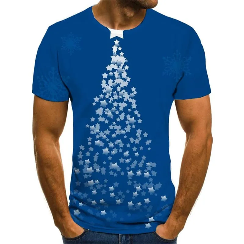 Christmas T shirts Men Christmas Tree Shirt Print Blue Tshirt Anime New Year Tshirts Novelty