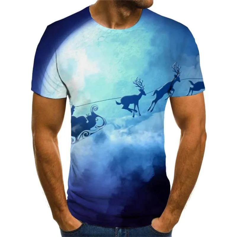 Christmas T shirts Men Deer Tshirts Casual Moon Tshirt Printed New Year Shirt Print