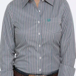 Cinch Women's Tri-Color Stripe Tencel Button Down Shirt- Navy, Teal, Cream