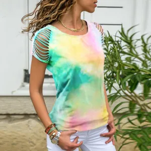 Clearance Sale Tie Dye Women T-Shirt Cold Shoulder (No Return or Exchange)