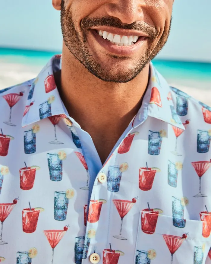 Coconut Point Red, White, and Cheers IslandZone® Camp Shirt in Chambray Blue by Tommy Bahama