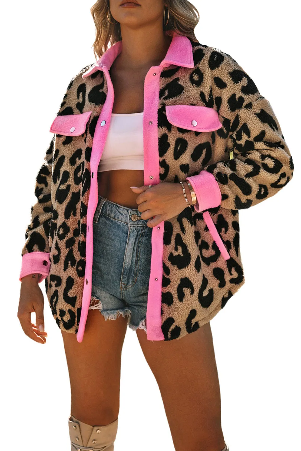 Contrast Trimmed Leopard Teddy Shacket