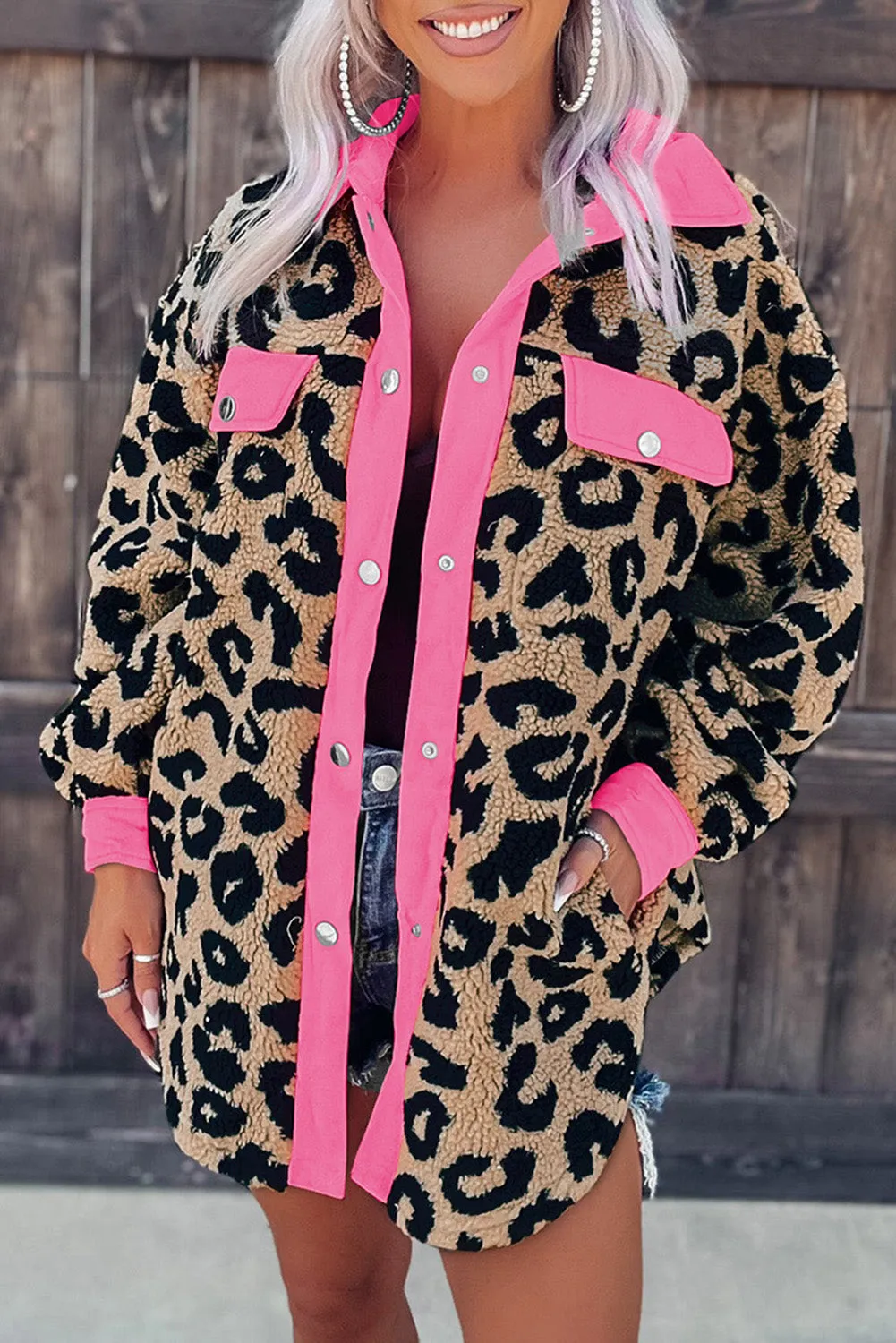 Contrast Trimmed Leopard Teddy Shacket