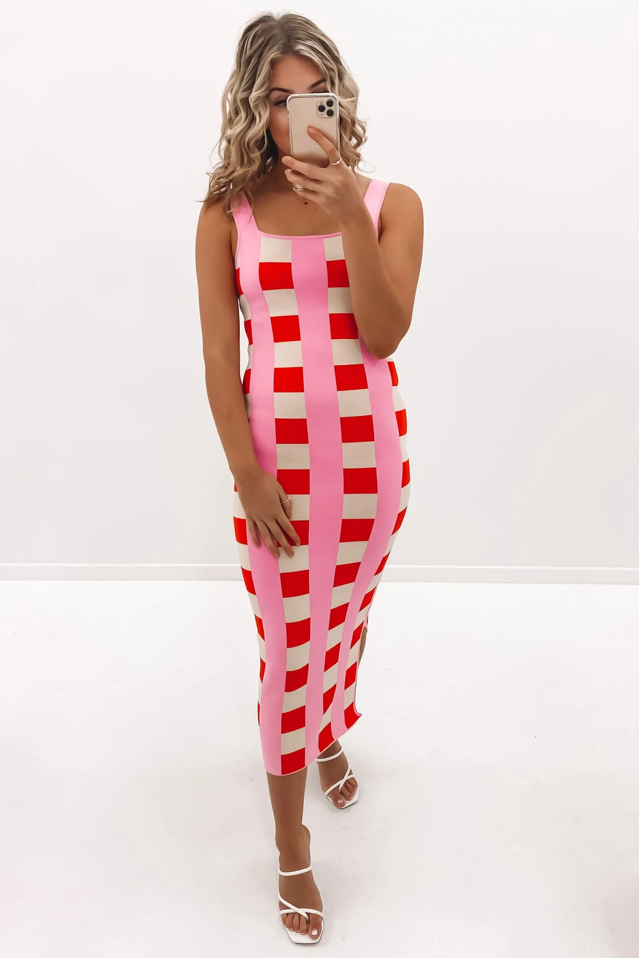 Cora Check Knit Midi Dress Multi Pink White