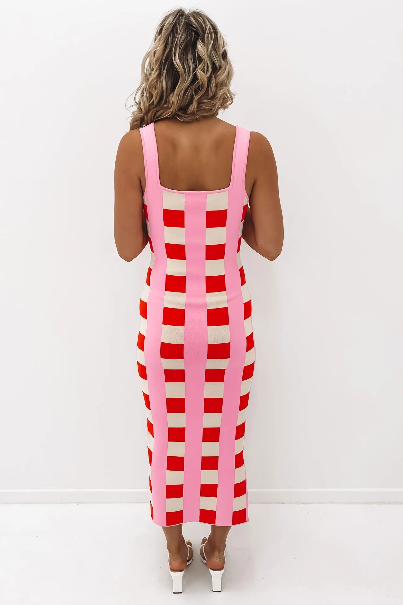 Cora Check Knit Midi Dress Multi Pink White