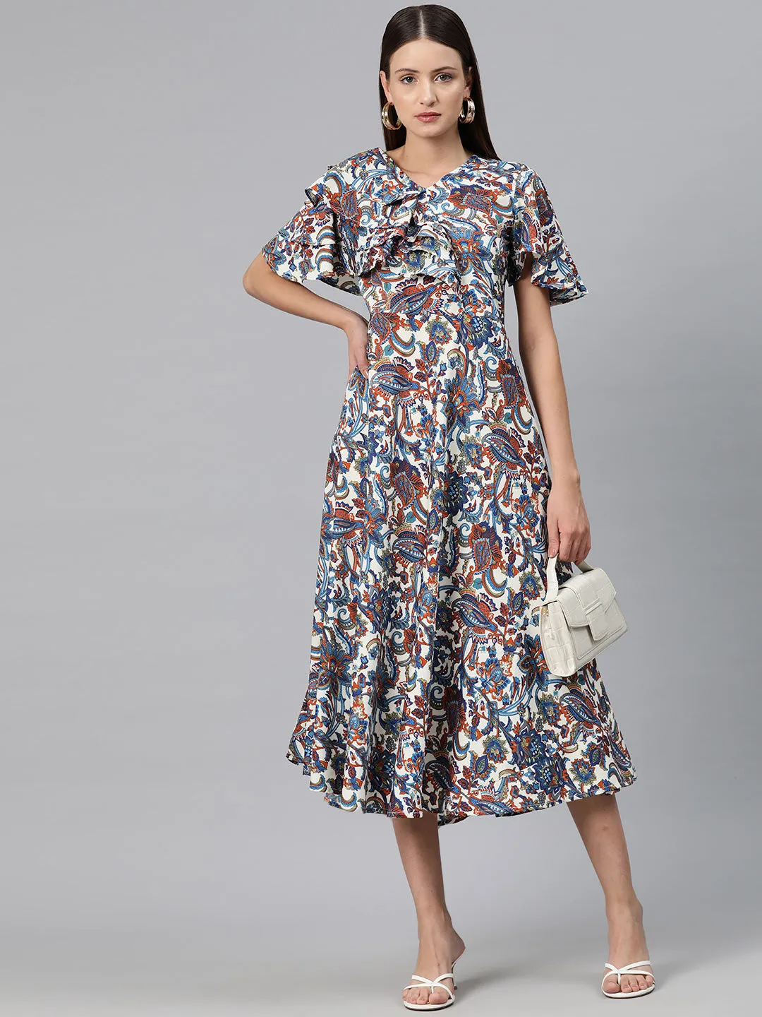 Cottinfab Women Floral Print Flared Sleeve Layered Crepe A-Line Midi Dress