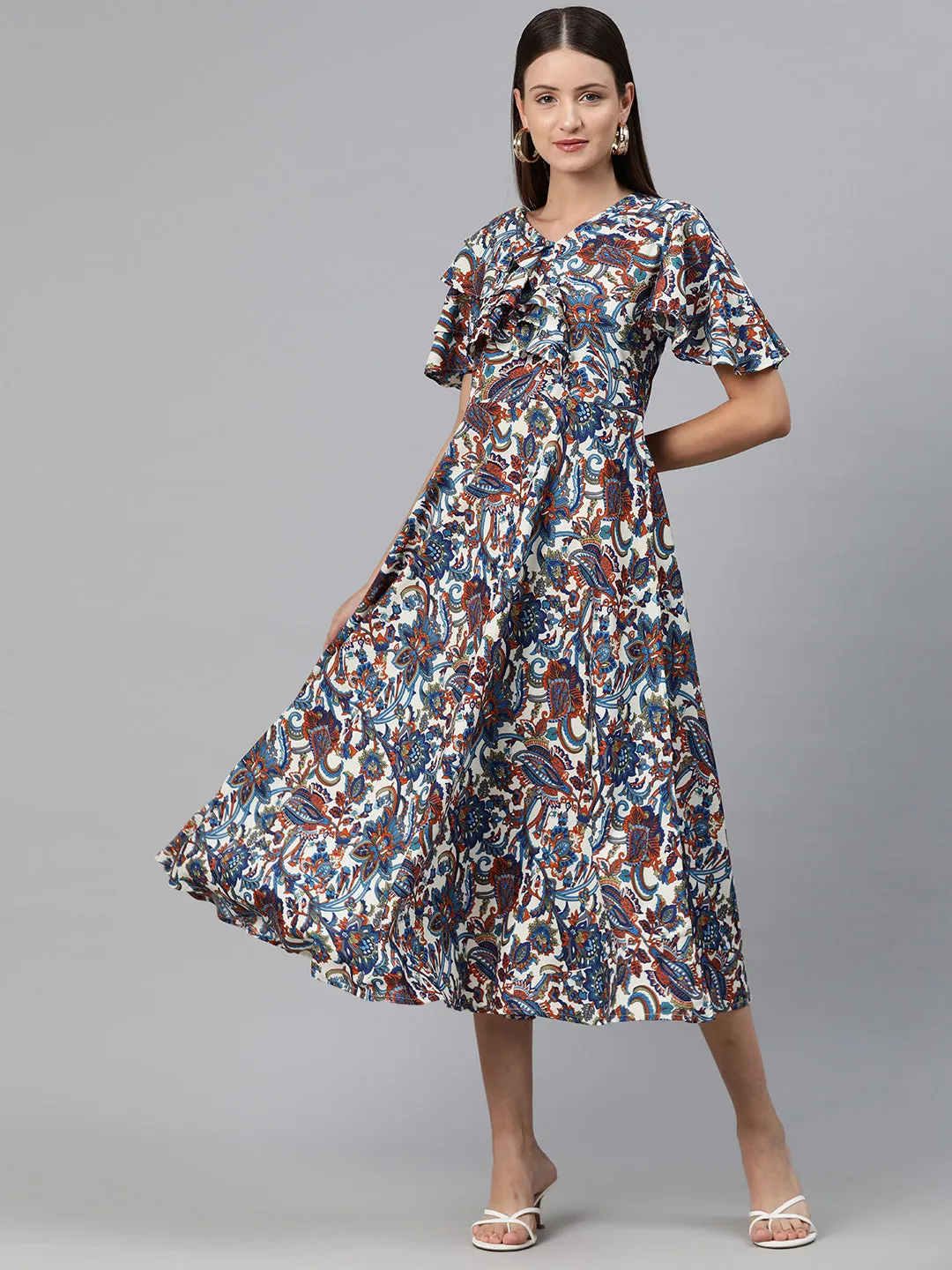 Cottinfab Women Floral Print Flared Sleeve Layered Crepe A-Line Midi Dress