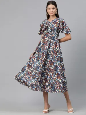 Cottinfab Women Floral Print Flared Sleeve Layered Crepe A-Line Midi Dress