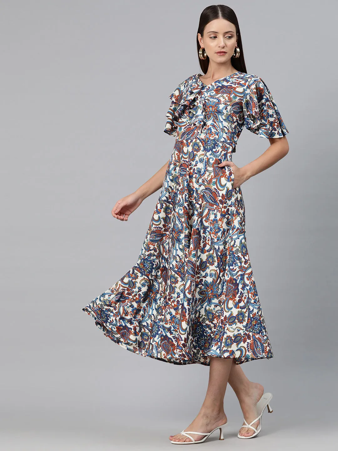 Cottinfab Women Floral Print Flared Sleeve Layered Crepe A-Line Midi Dress