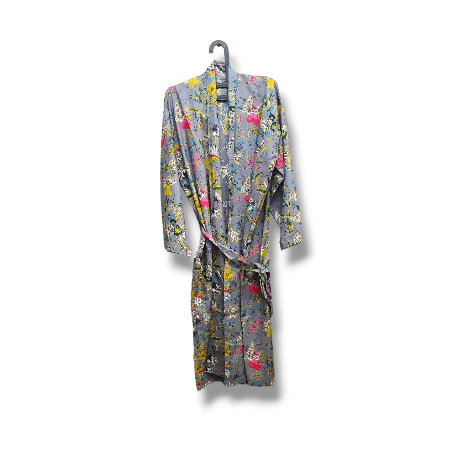 Cotton Hand Printed Kimono Robe Bird 2 Grey