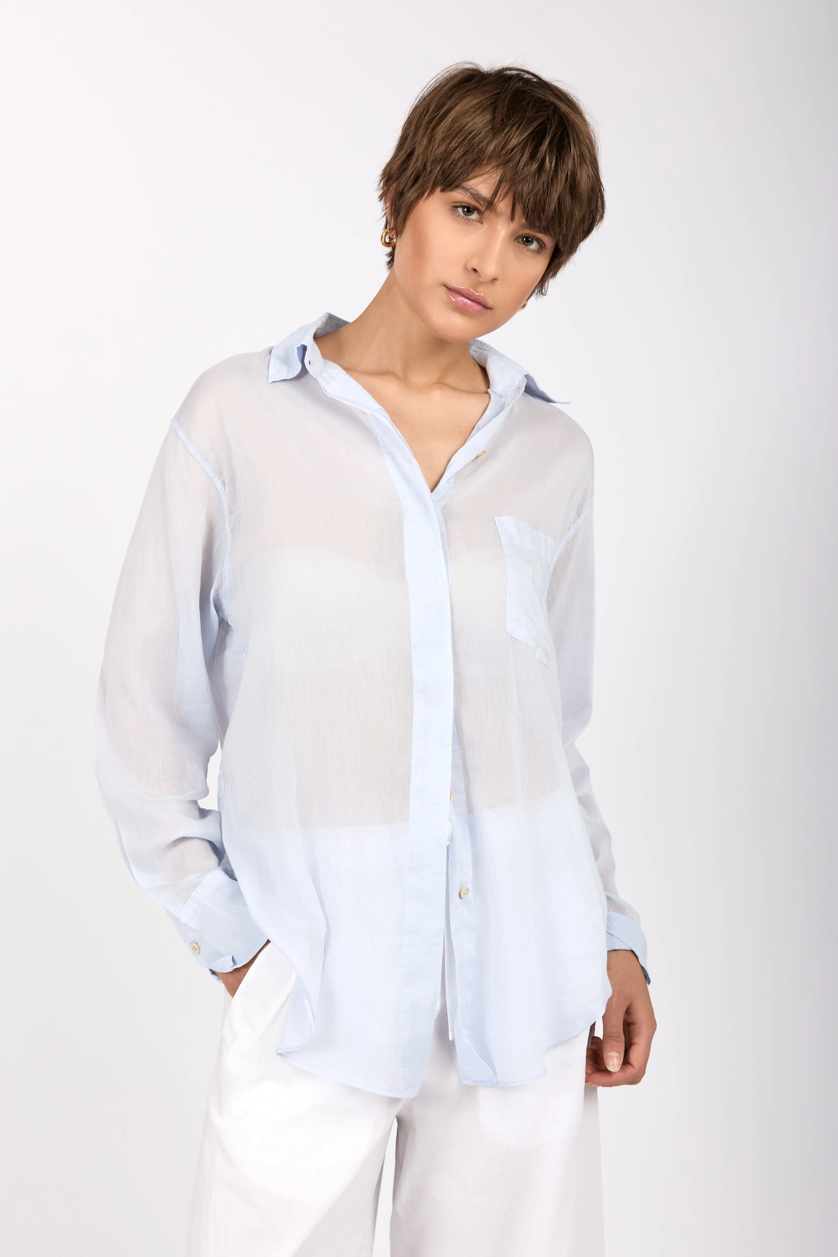 Cotton Silk Voile Oversized Shirt in Sky