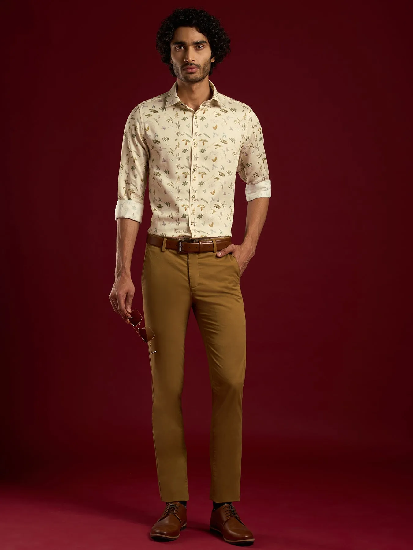 Cotton Tencel Beige Printed Slim Fit Full Sleeve Ceremonial Shirt