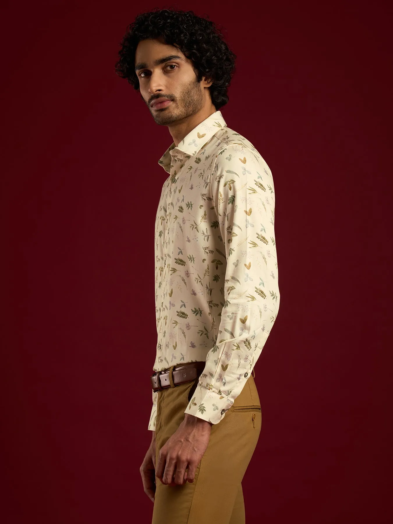 Cotton Tencel Beige Printed Slim Fit Full Sleeve Ceremonial Shirt