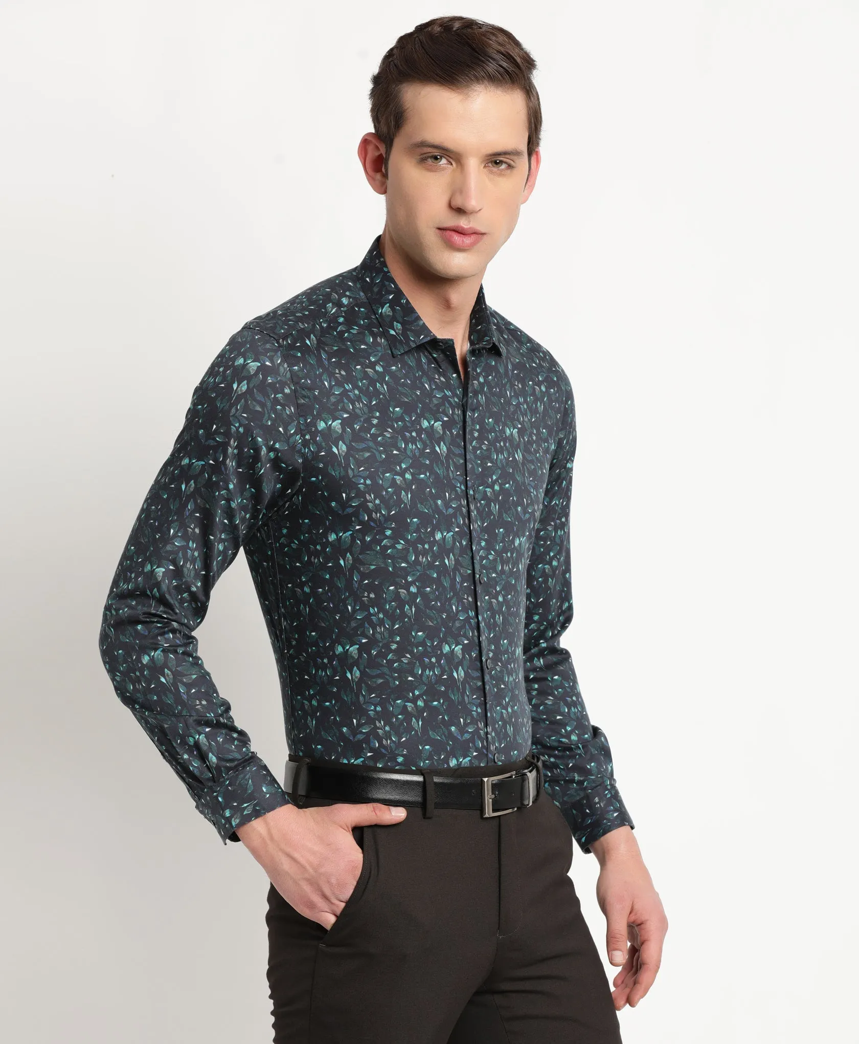 Cotton Tencel Black Printed Slim Fit Full Sleeve Ceremonial Shirt