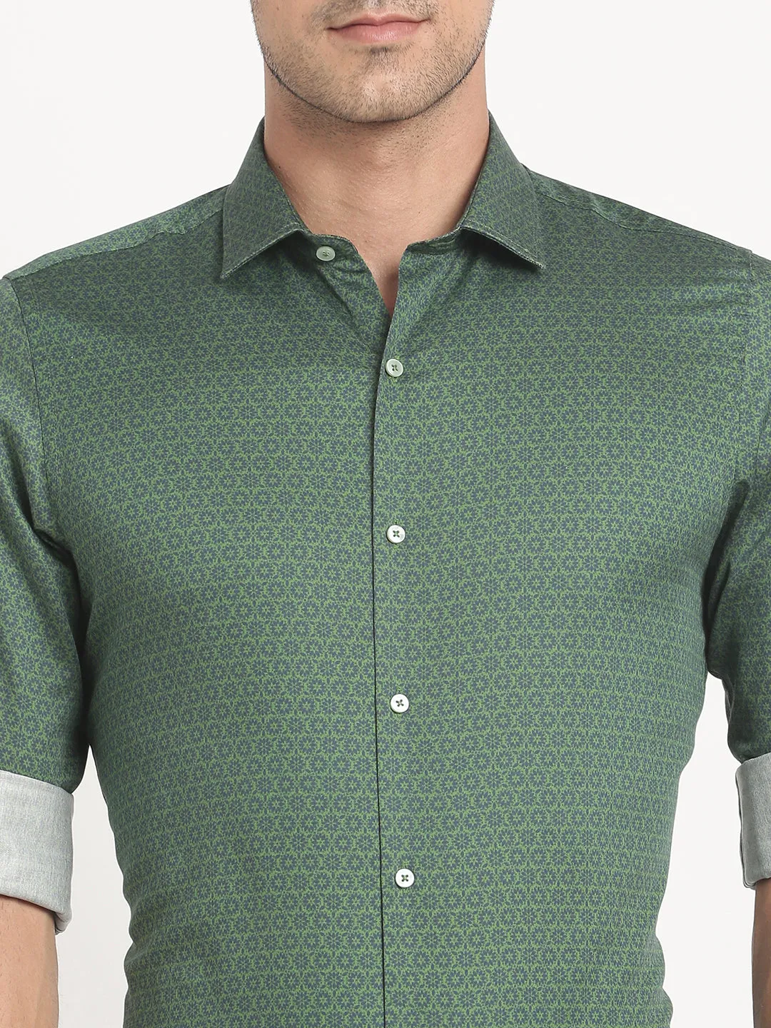 Cotton Tencel Green Printed Slim Fit Full Sleeve Ceremonial Shirt