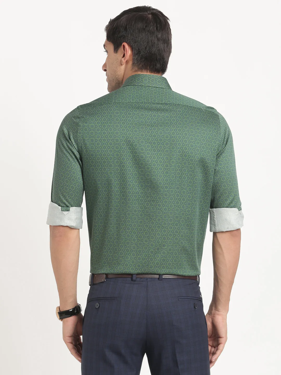 Cotton Tencel Green Printed Slim Fit Full Sleeve Ceremonial Shirt