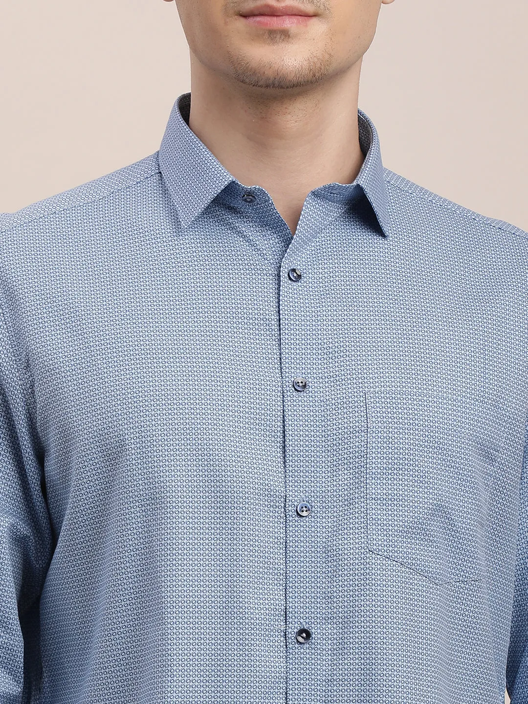 Cotton Tencel Light Blue Printed Regular Fit Full Sleeve Formal Shirt