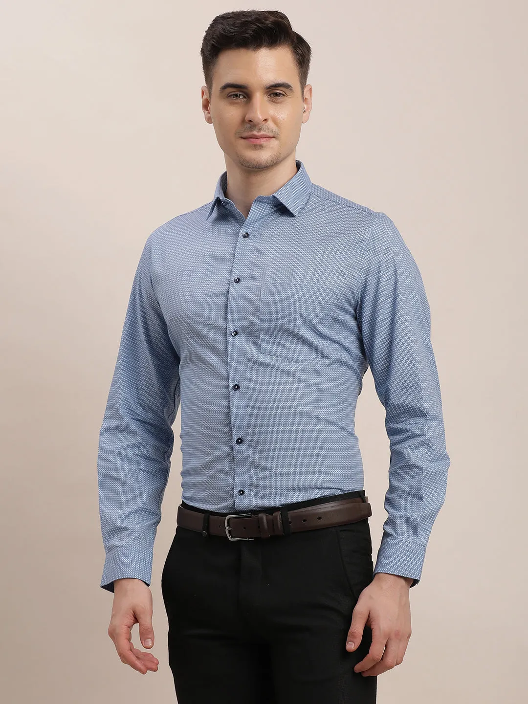 Cotton Tencel Light Blue Printed Regular Fit Full Sleeve Formal Shirt