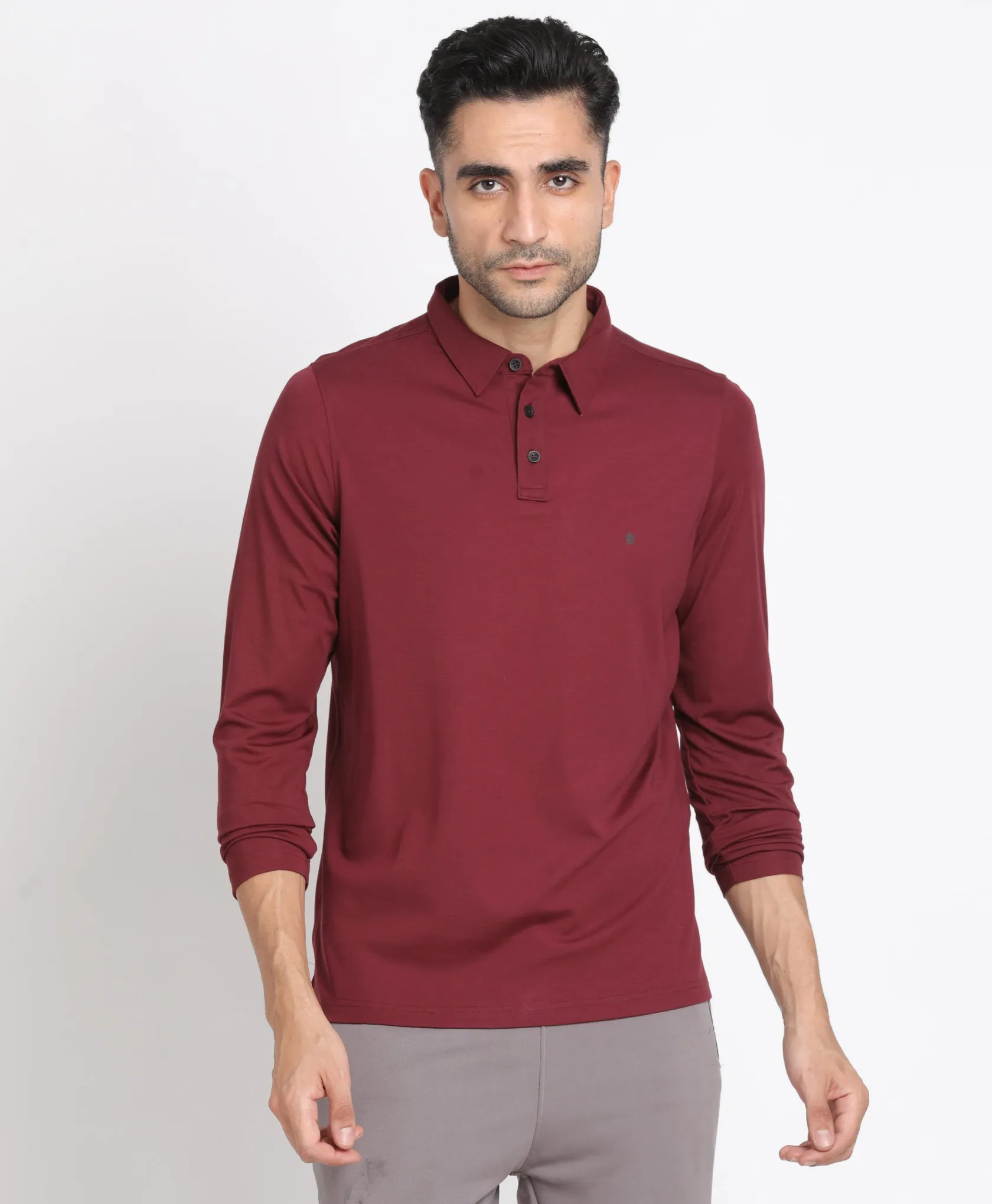 Cotton Tencel Maroon Plain Polo Neck Full Sleeve Casual T-Shirt