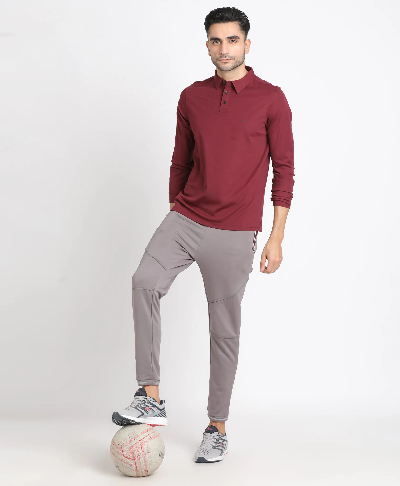 Cotton Tencel Maroon Plain Polo Neck Full Sleeve Casual T-Shirt