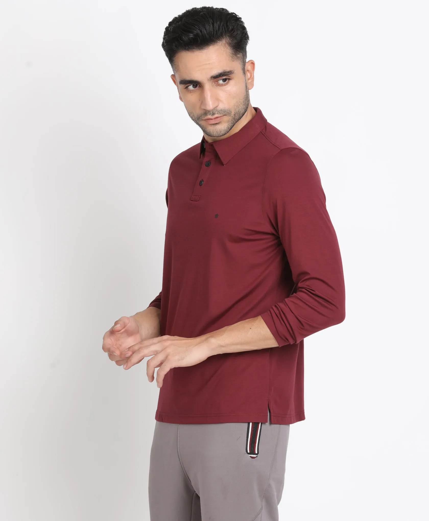 Cotton Tencel Maroon Plain Polo Neck Full Sleeve Casual T-Shirt