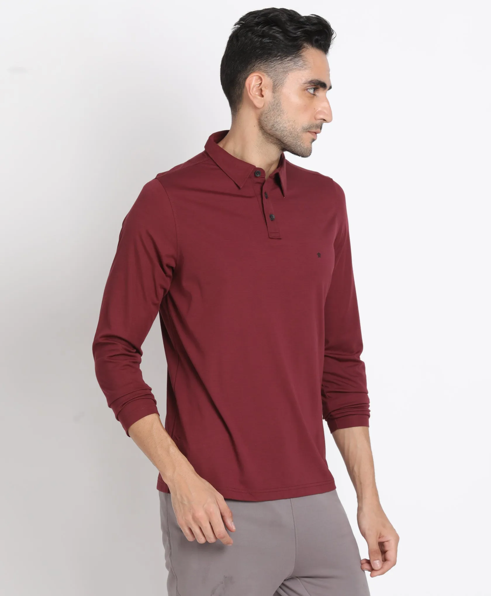 Cotton Tencel Maroon Plain Polo Neck Full Sleeve Casual T-Shirt