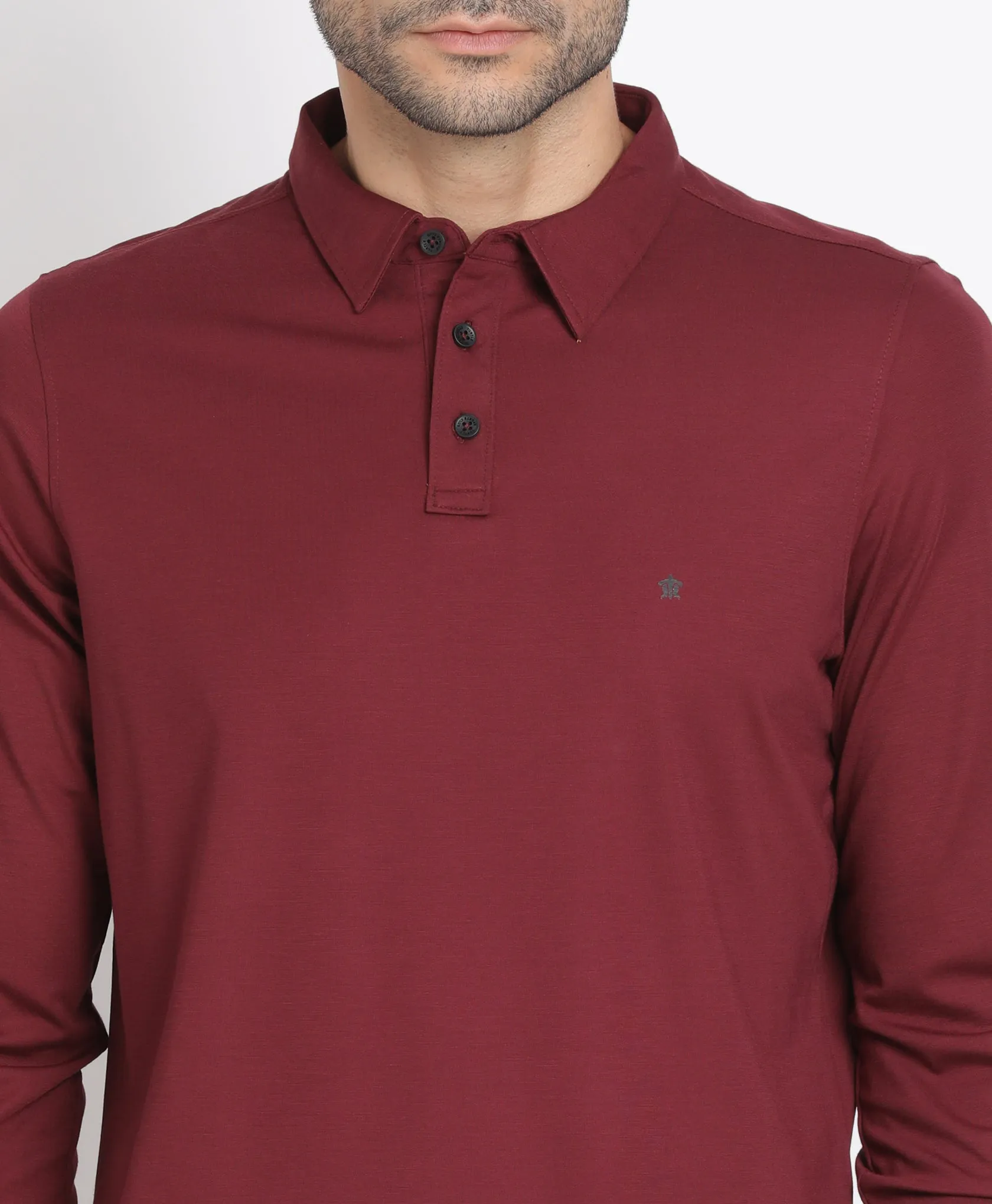 Cotton Tencel Maroon Plain Polo Neck Full Sleeve Casual T-Shirt