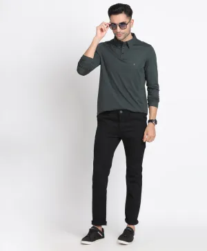 Cotton Tencel Olive Plain Polo Neck Full Sleeve Casual T-Shirt