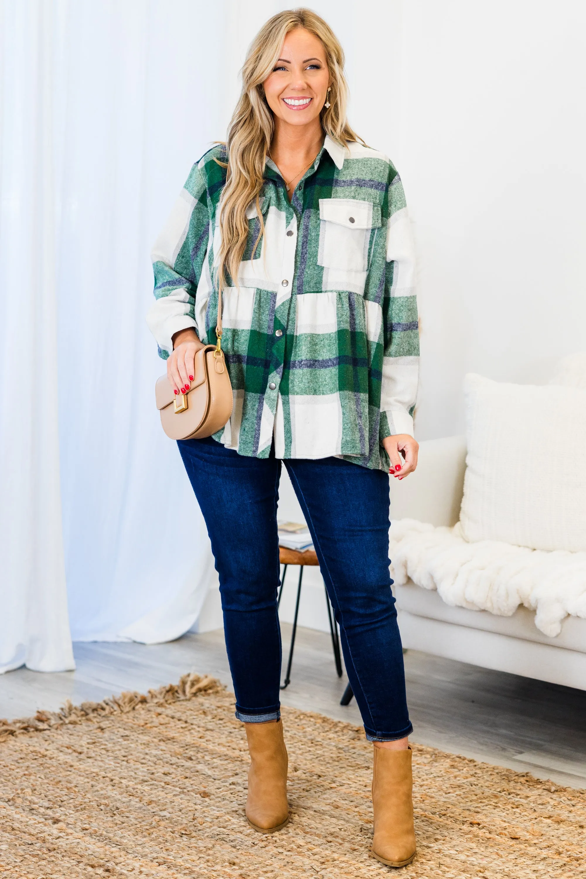 Cozy Plaid Babydoll Shacket, Green